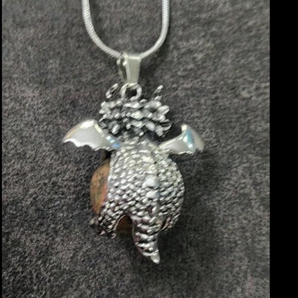 Silver Unakite Crystal Dragon With Orb Necklace - Picture 2 of 2